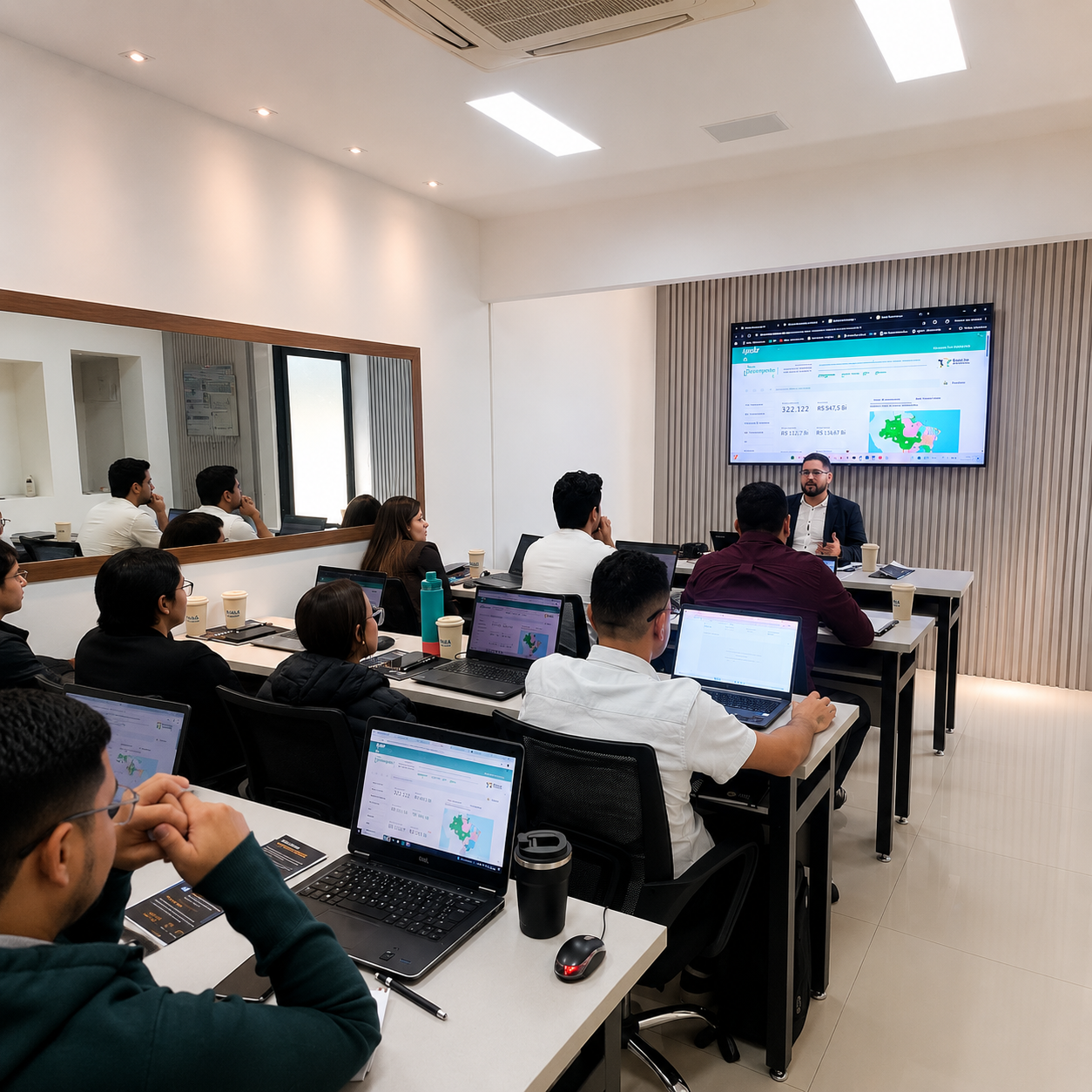 Treinamento em andamento na Sala JK com participantes e apresentação